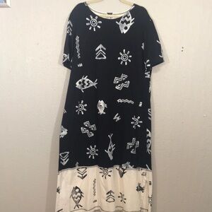 Copa Cabana Black & White Fish Print Stretch Knit Short Sleeve VTG Maxi Dress
